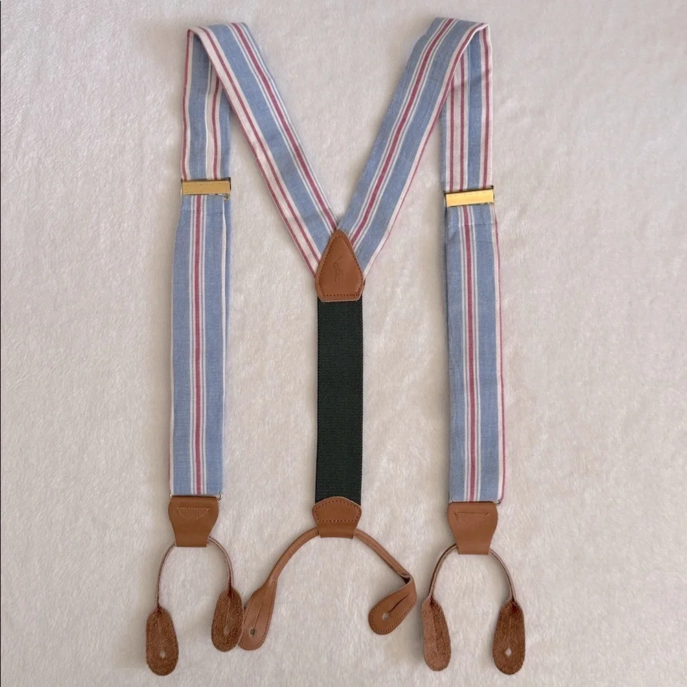 {VTG} Polo Ralph Lauren | 80s 90s Chambray Striped Braces Suspenders Made in USA - Picture 9 of 16